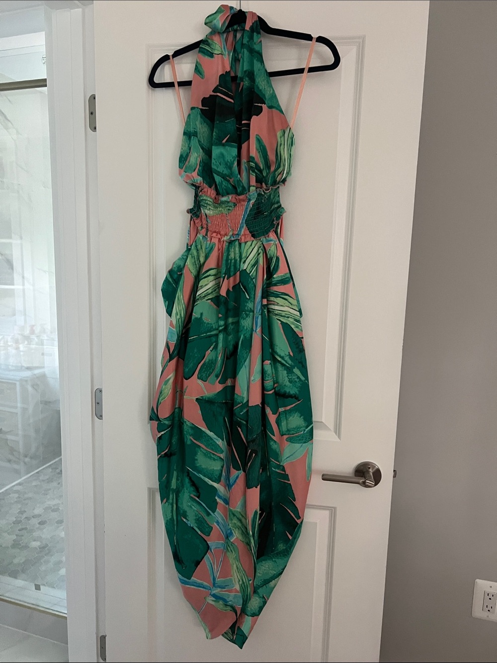 New York & Company Pink & Green Asymmetrical Halter Maxi Dress
